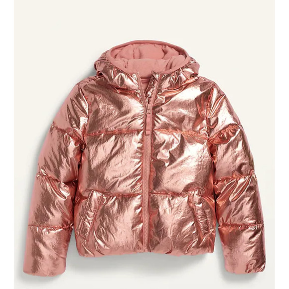 Old Navy Metallic Rose Gold Puffer Jacket Girls XL 14-16 GoWarm Hooded Coat - Picture 1 of 8
